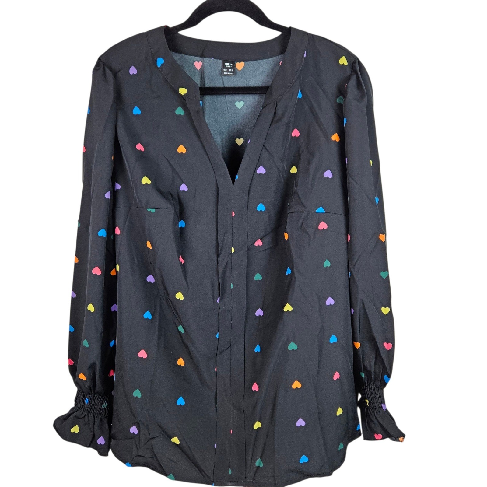 Shein Curve Plus Size 5X Blouse Heart Print Long Sleeve Black Multicolor Top