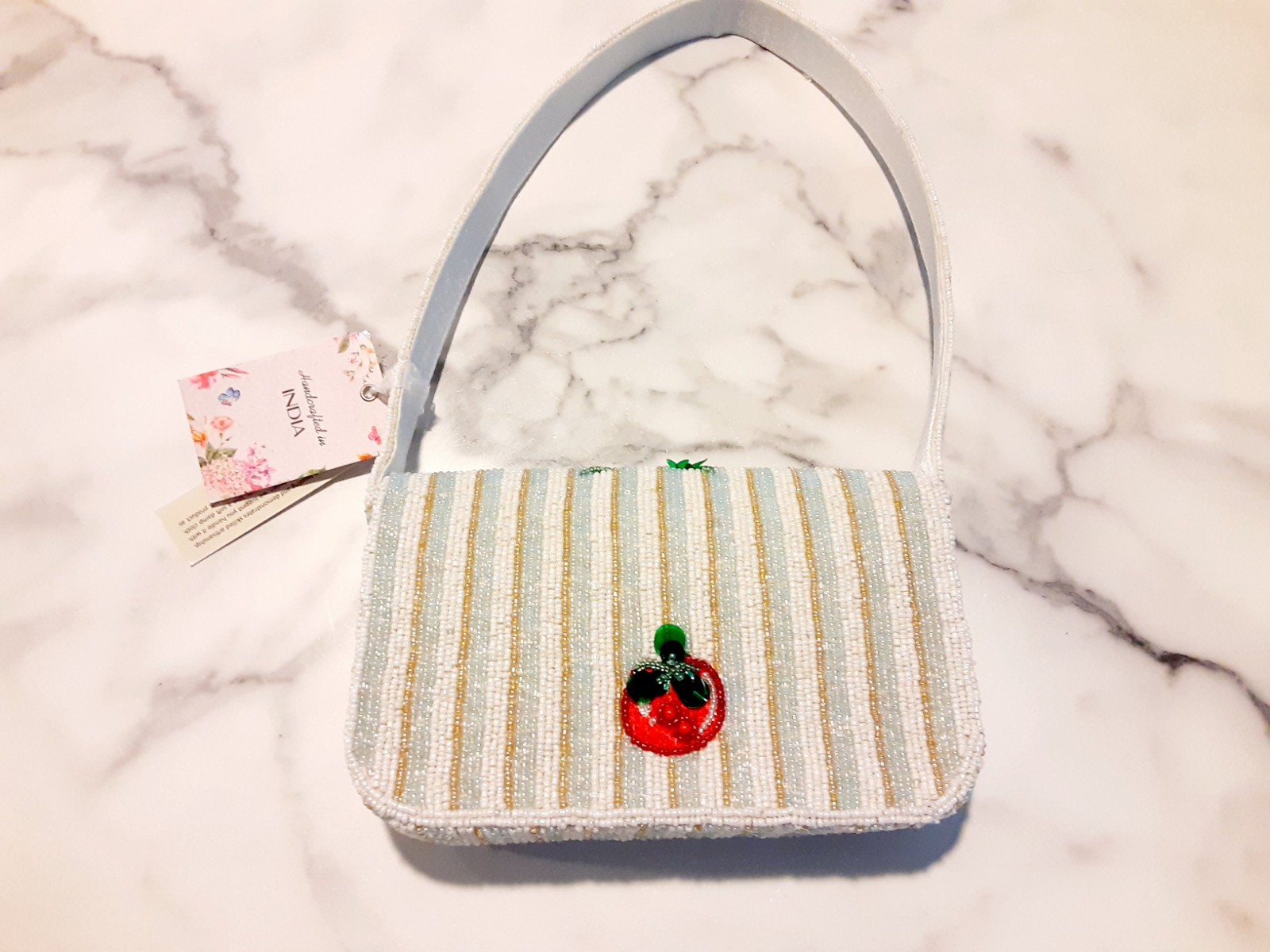 Made in India Beaded Tomato Striped Mini Shoulder Bag Purse White Gold Mint