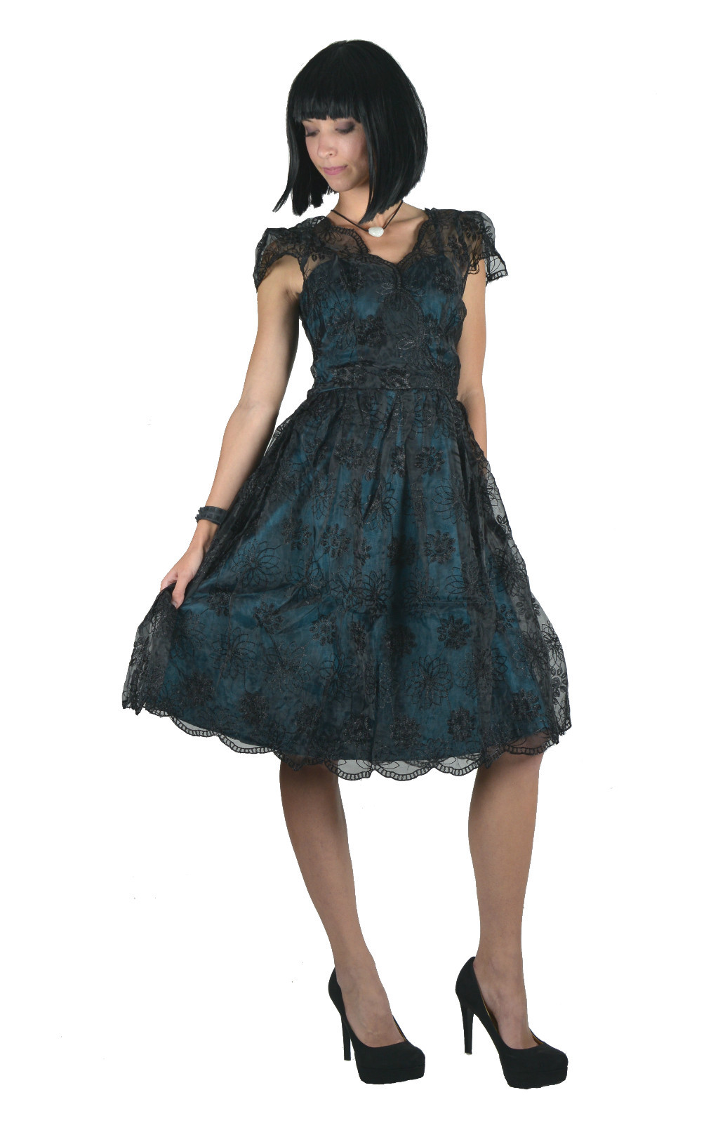 VOODOO VIXEN RETRO PIN UP 50s MAY TEAL LACE OVERLAY TAFFETA BLUE DRESS DRA8085
