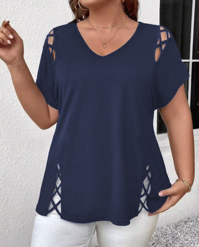 Plus Size V Neck Cutout Short Sleeve Tee Crisscross Casual Summer Top 0XL-5XL