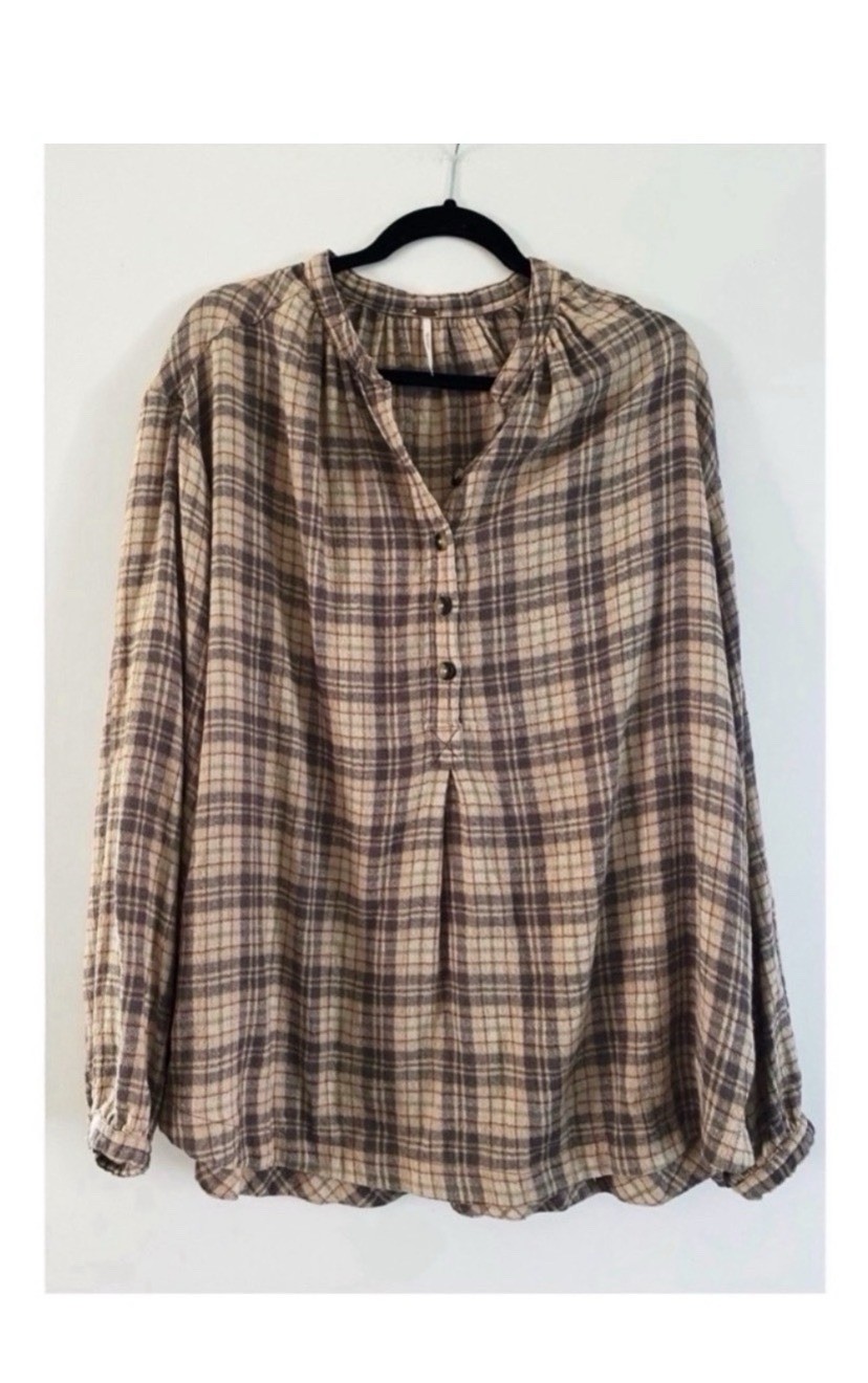 Free People Beige Plaid Oversized Boho Blouse Size Large