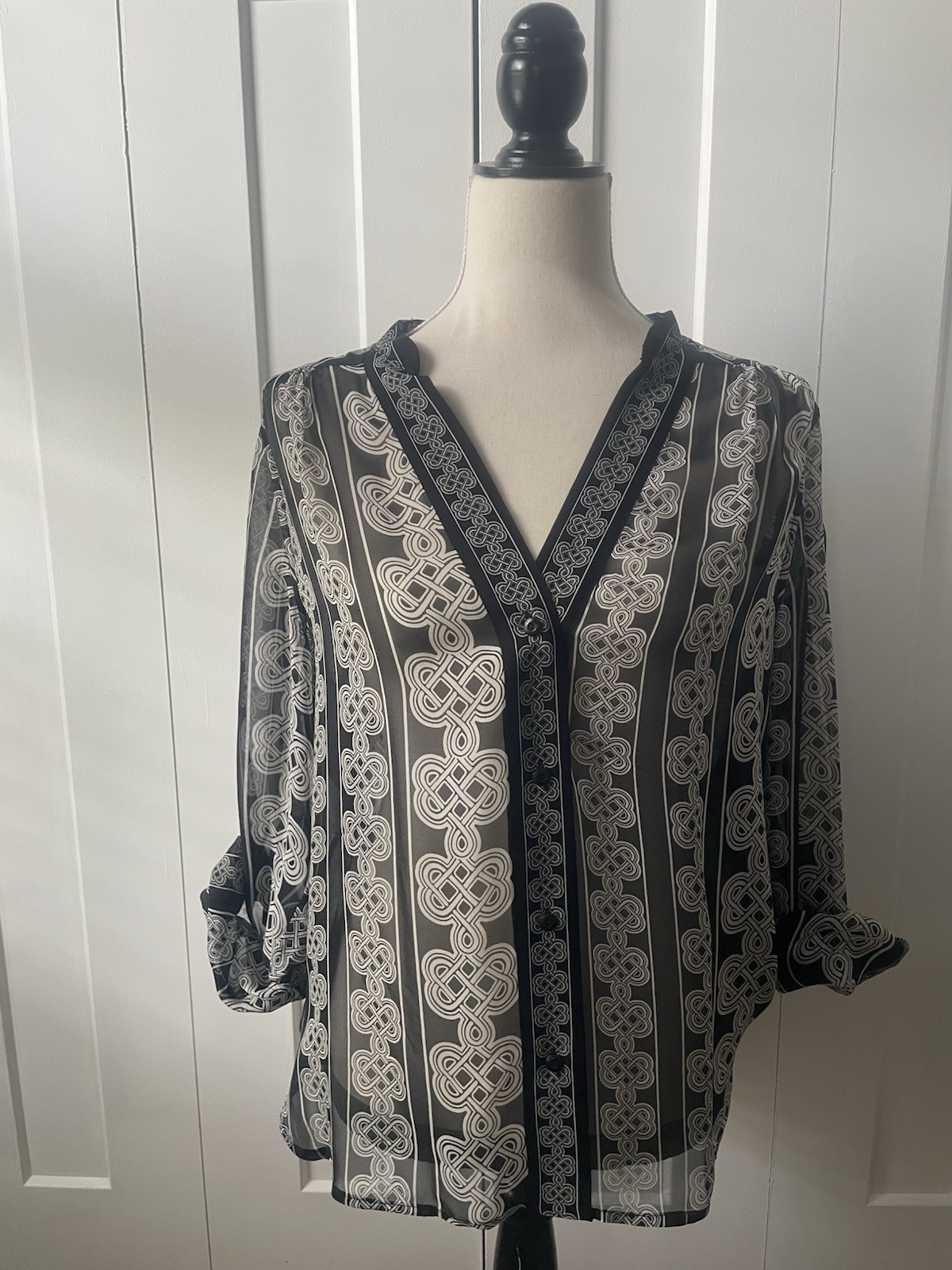 Diane Von Furstenburg Sz 8 Silk Harlow Blouse Black White Knot Pattern Classy,