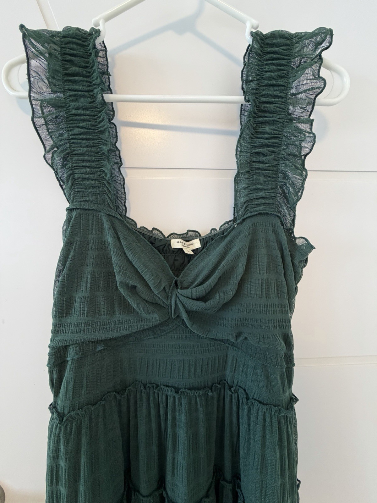 Max Studio Women’s Textured Mesh Cottagecore ruffle maxi BOHO Green Tiered lined