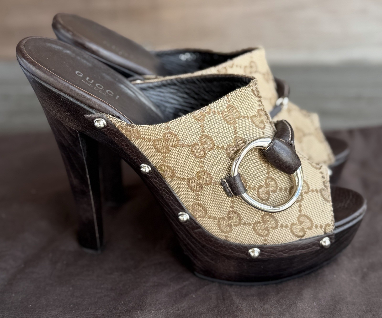 Gucci Beige/Ebony GG Canvas Horsebit Platform Wood Mule Heels Size 39