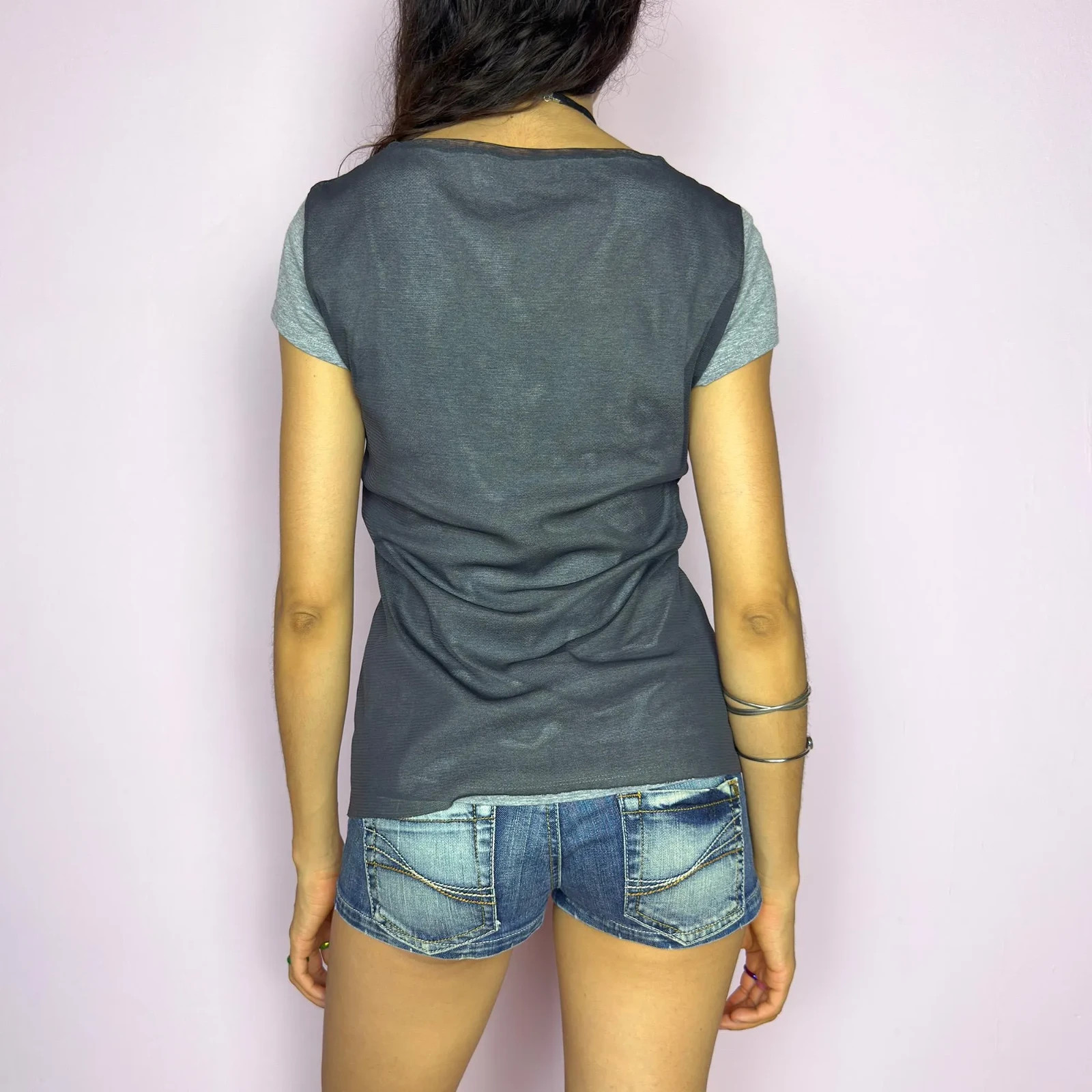 Vintage Gray Mesh Top Print Cityscape Skyline Sheer Grunge Y2K 2000s Size M