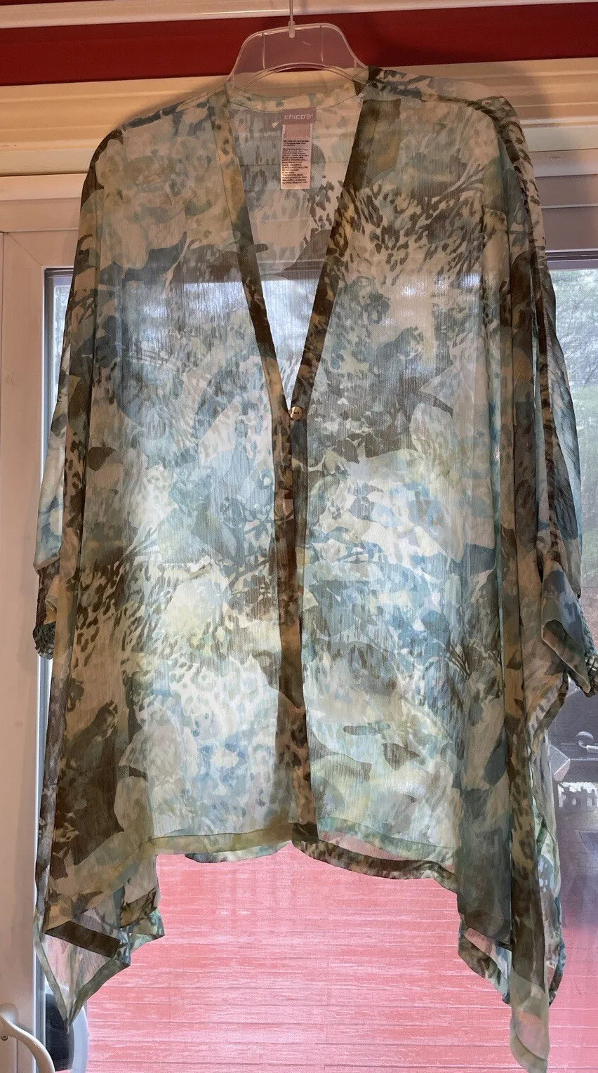 Chico’s Open Cover Up Lightweight Sz S/M Kimono Top Blue Green Rayon Blend