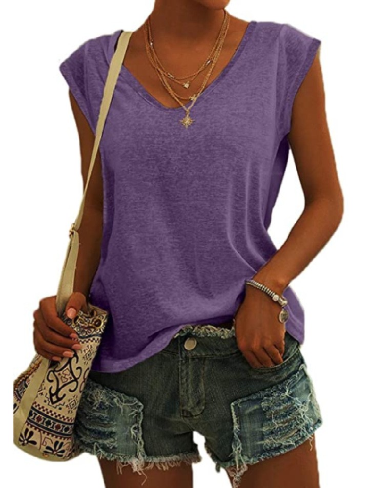 NEW Women’s Solid Color V-Neck Cap Sleeve Loose T-Shirt Sizes S-XS