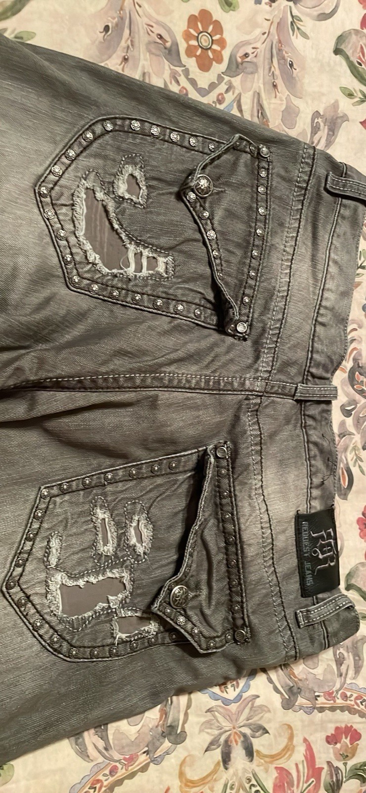 Request Men’s Premium Denim Straight Leg Jeans Gray Distressed Mid Rise 5-Pocket