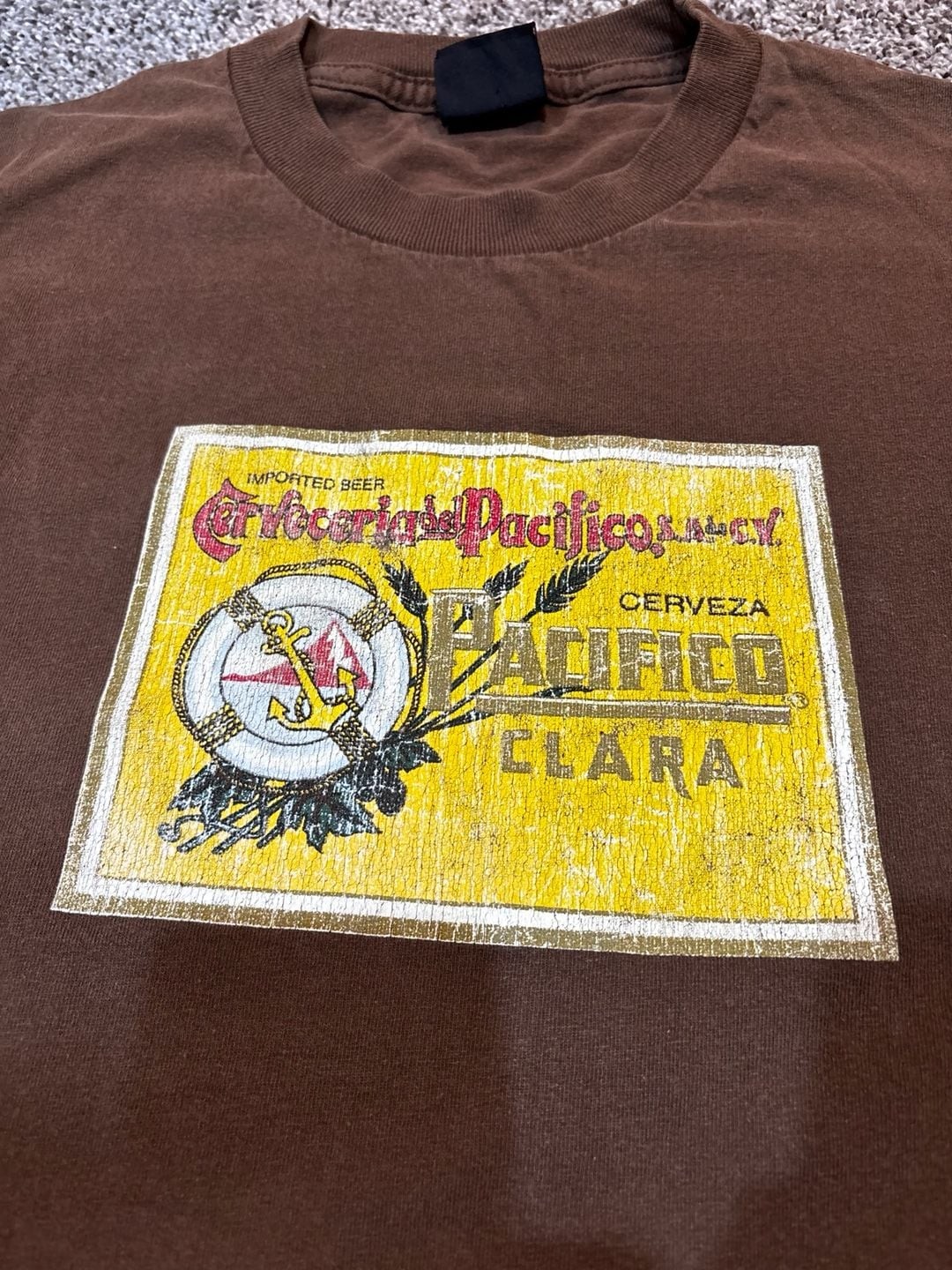 Vintage Anchor Blue Pacifico Clara Beer Graphic T-Shirt Brown