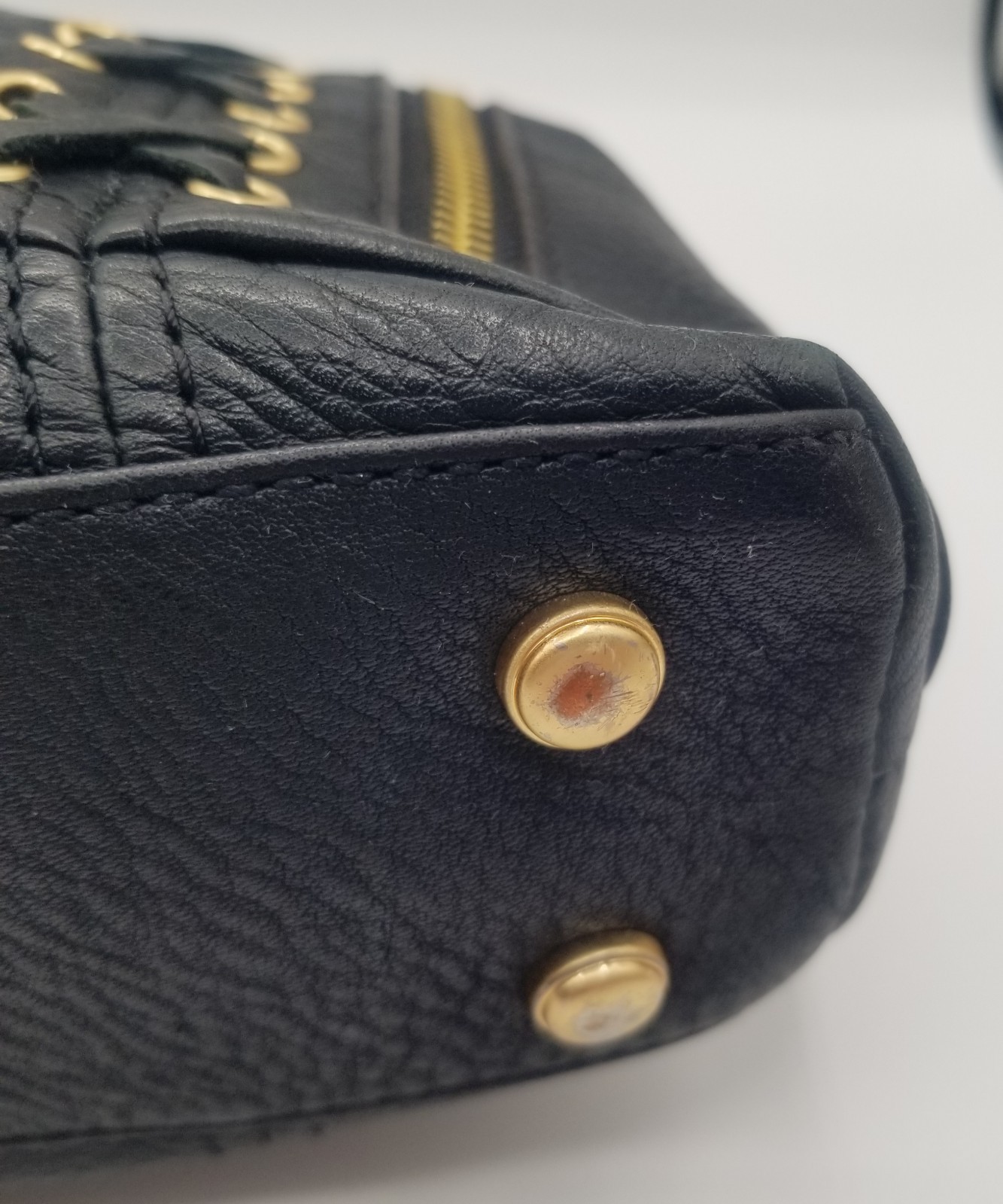 B Makowsky Black Pebble Leather Hobo Bag Gold Hardware Corset Lace Up, Side Zips