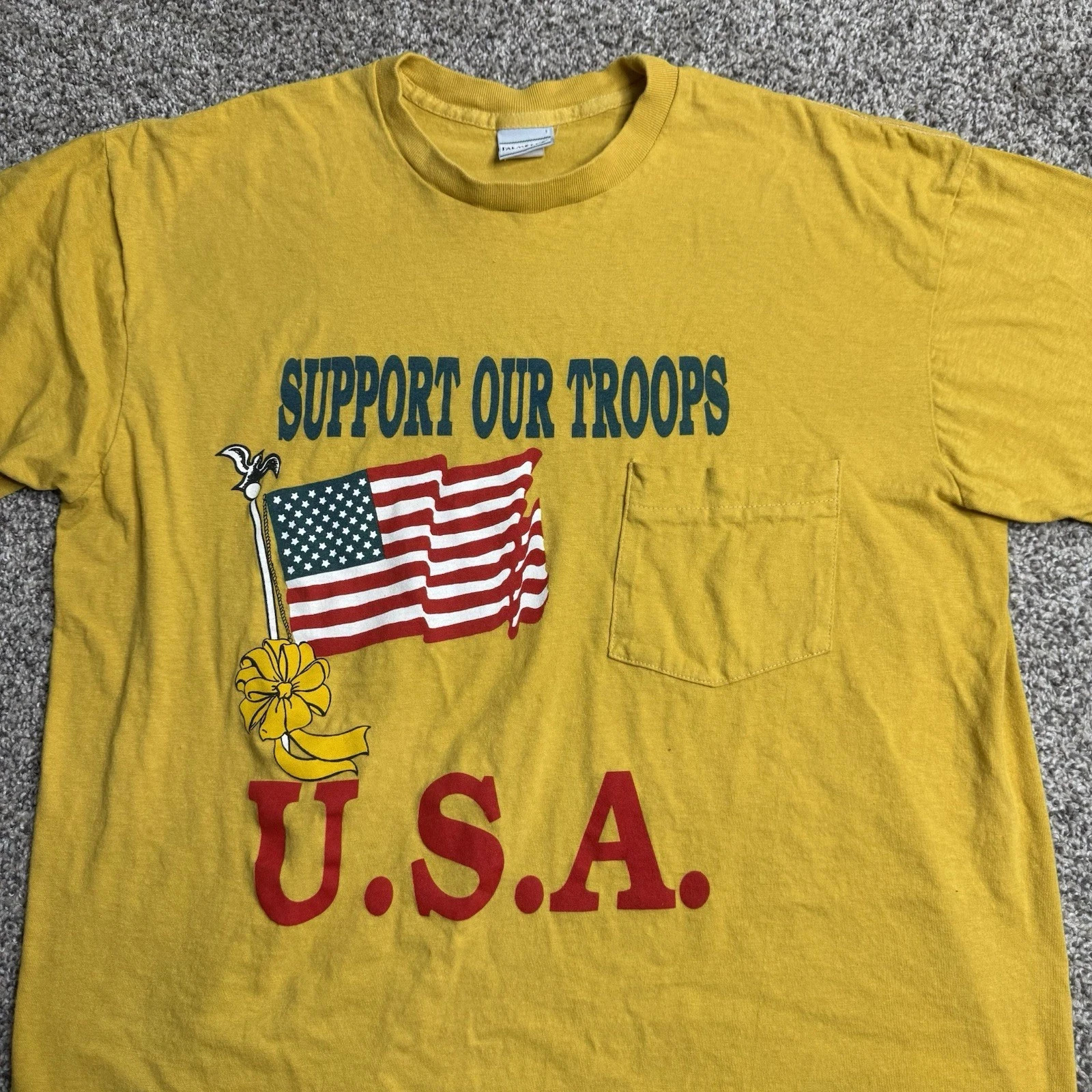 Vintage 90s Support Our Troops USA Military T Shirt Men’s Size Medium Yellow
