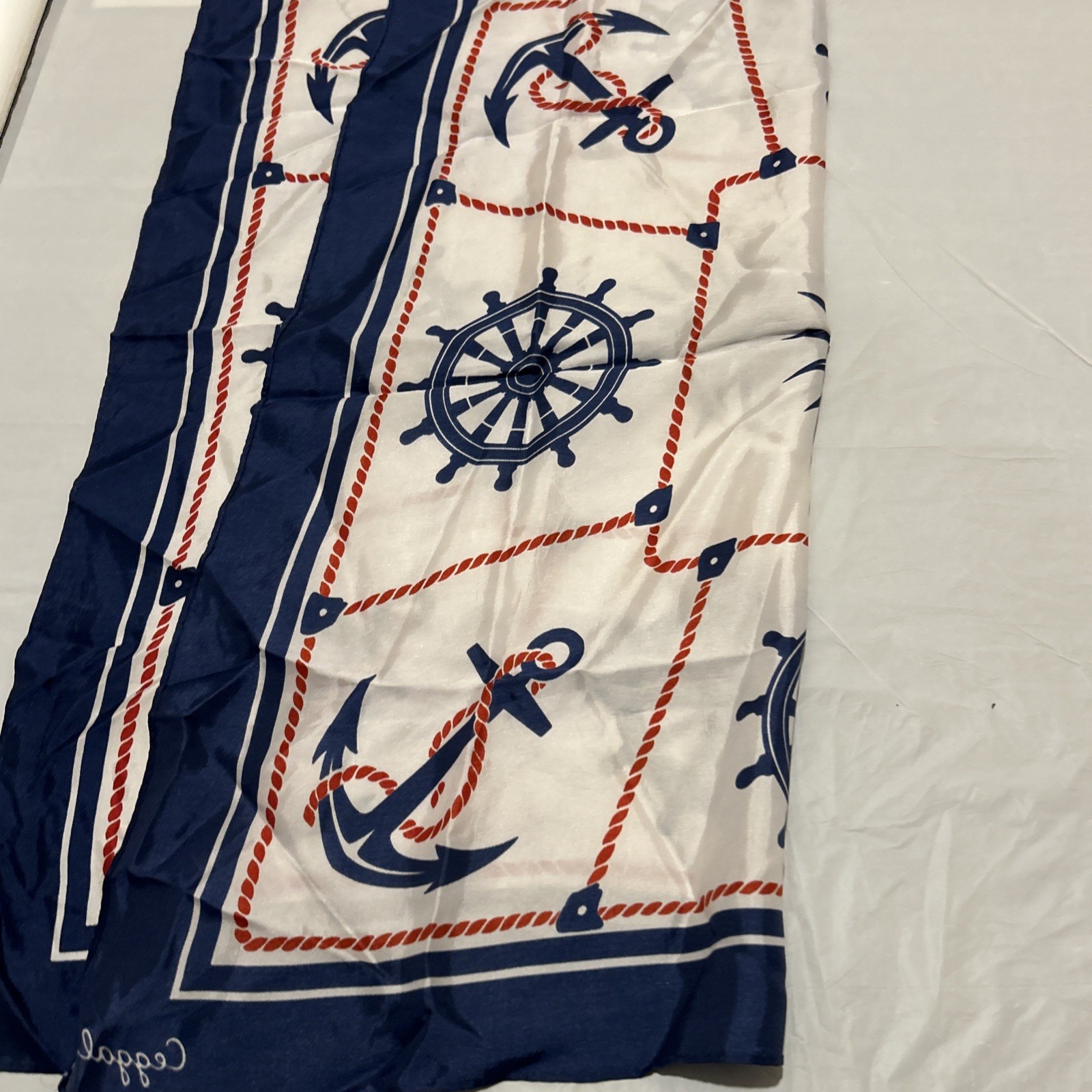 Ceggali nautical scarf white w/ red rope border, navy blue ship wheels, anchors