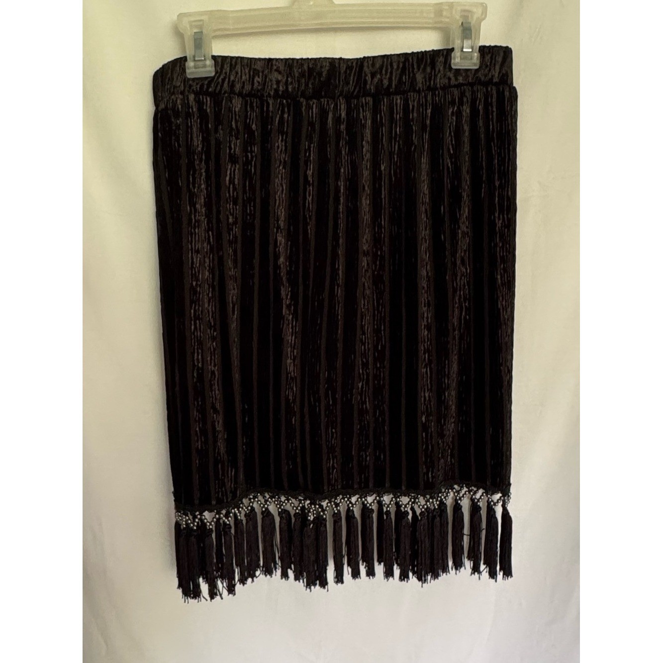 Endless Rose Black Pleated Velvet Mini Skirt with Beaded Piano Fringe St# SY515K