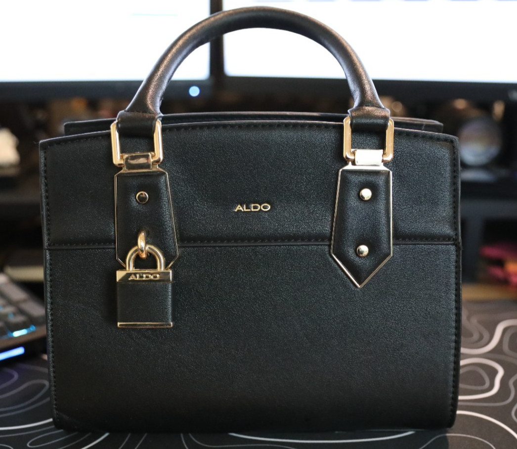 ALDO Black Satchel Top Handle Bag Zip Closure Gold Hardware Detachable Strap