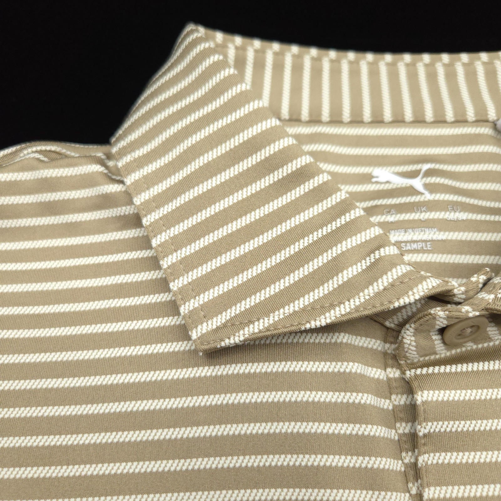 Puma Polo Golf Shirt Mens -M Brown White Performance Stripe Stretch Lisle Smooth