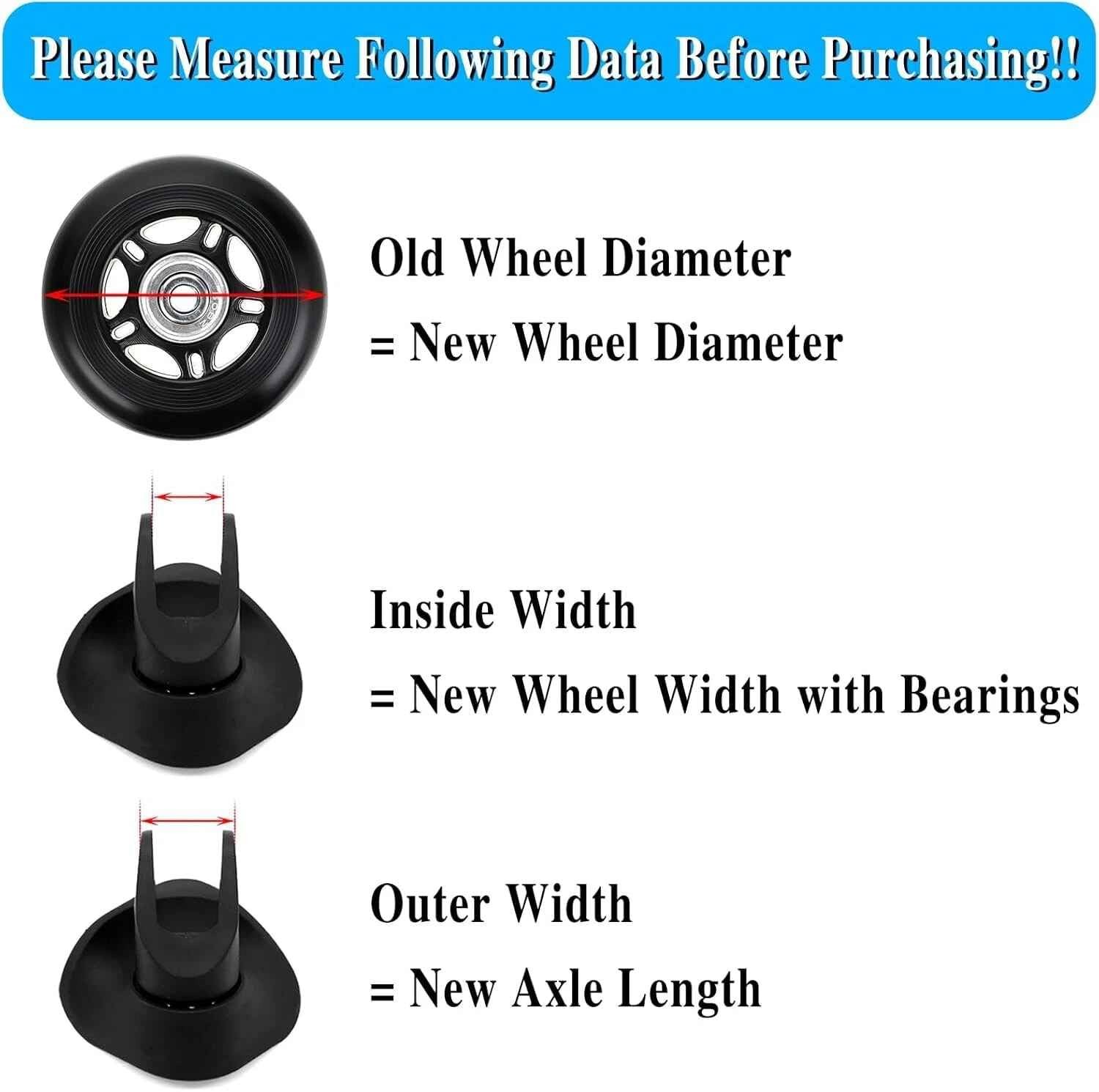 1 Set Black 80 x 24mm Luggage Wheels Replacement, Rubber Suitcase Wheels Repl