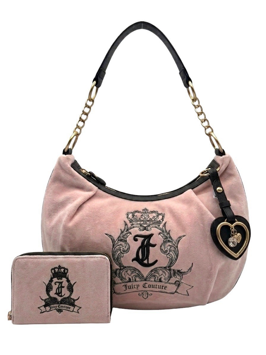 Juicy Couture Need More Juicy Pink Clay Velour Hobo Bag & Wallet w/ Gothic Crest