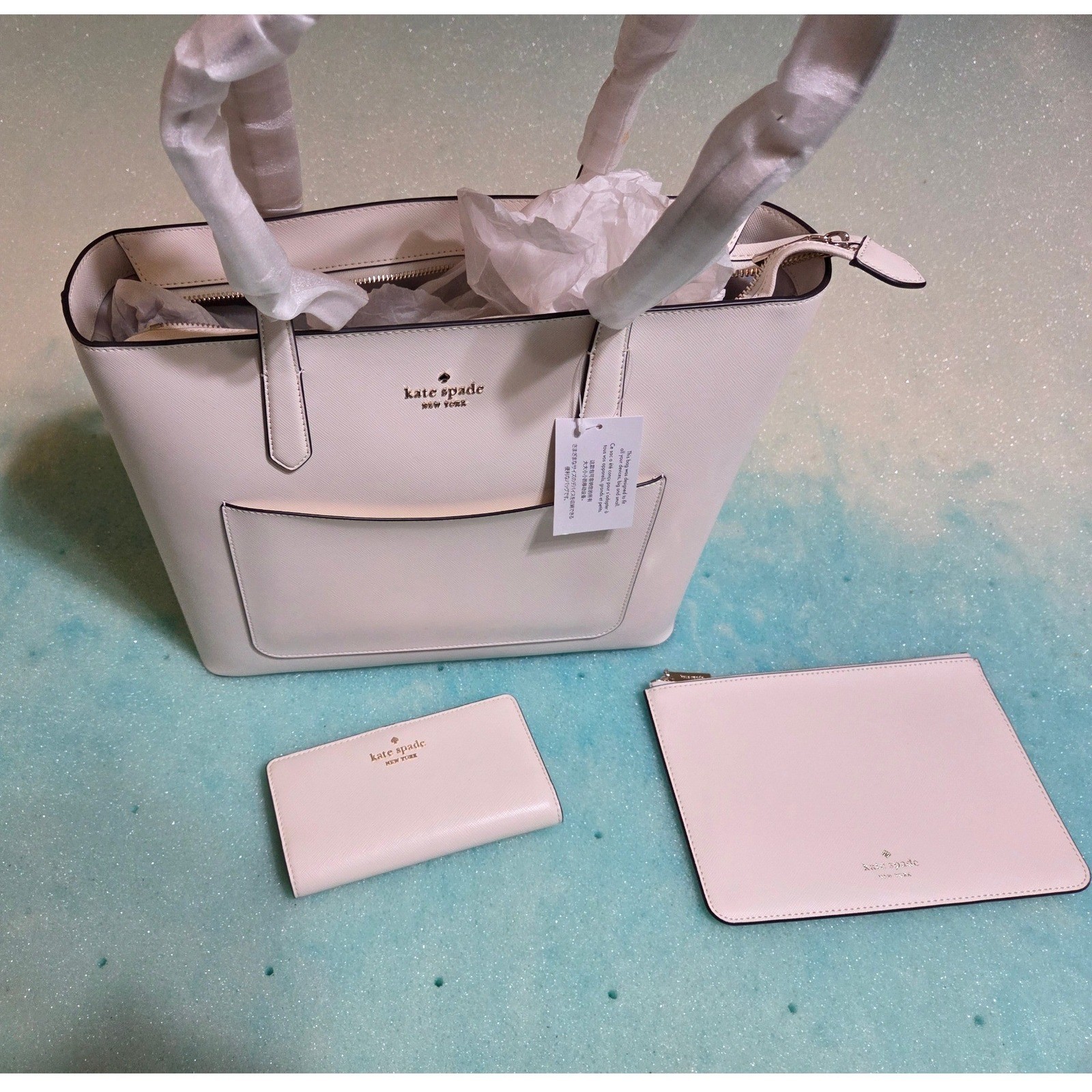 Kate Spade Staci Tote Set Meringue Cream Saffiano Leather Bag Pouch Wallet KF369