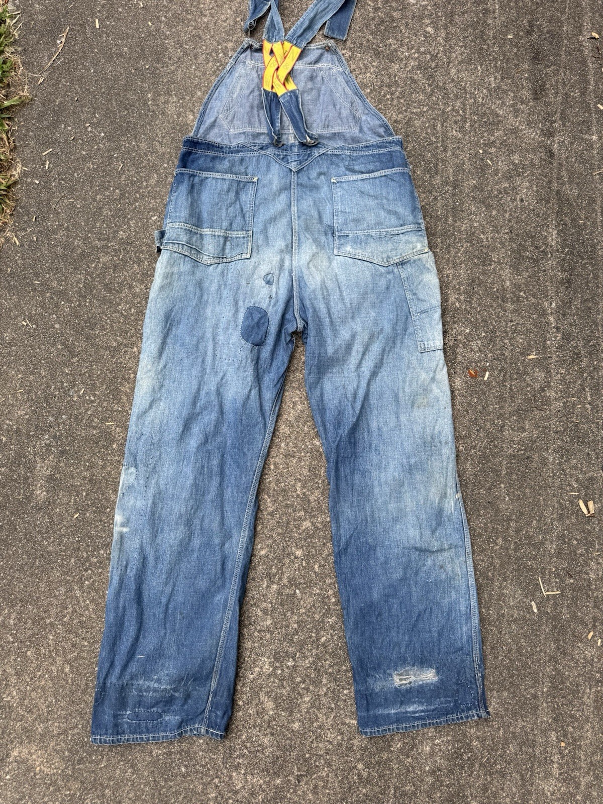 True Vintage 40s N&W Denim Bib Work Overalls Low Half Back Farm Repairs Rare 38