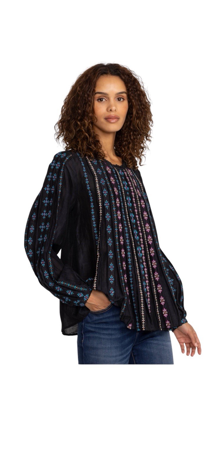 Johnny Was Calico Black Blouse Linen Blend Peasant Embroidered Teal Pink M