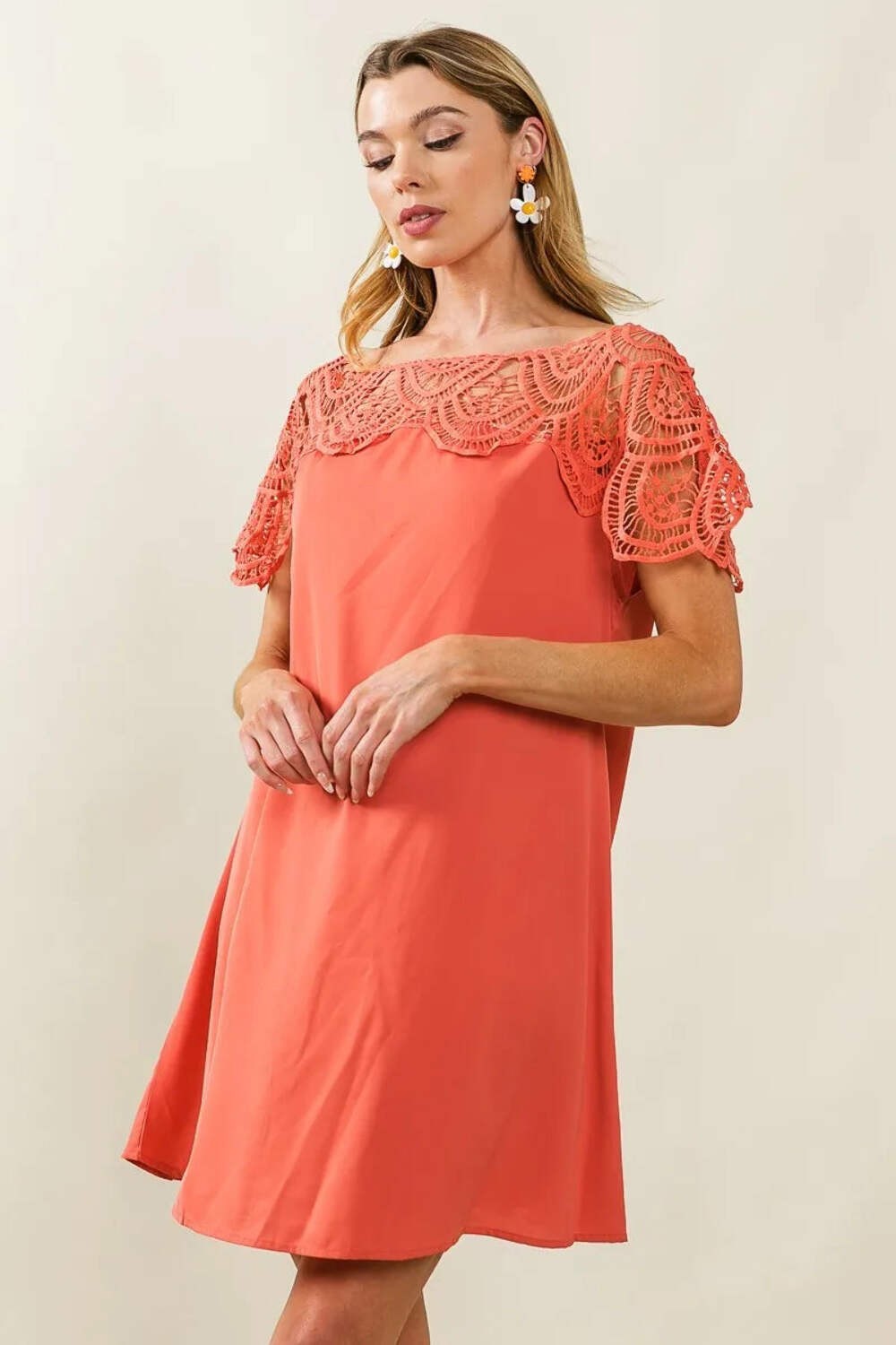 Crochet Lace Yoke Detailed Wrinkled Dress
