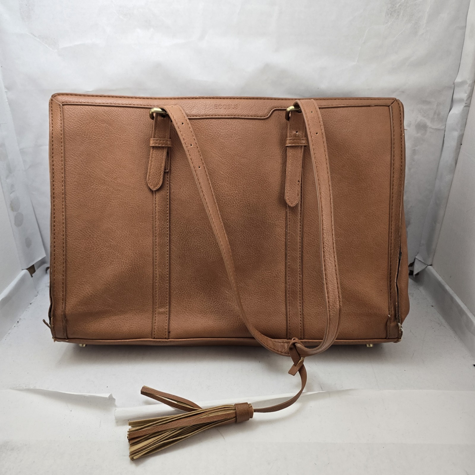 Ecosusi Brown Vegan Leather Tote Laptop Bag Tassel Strap Structured Work Satchel