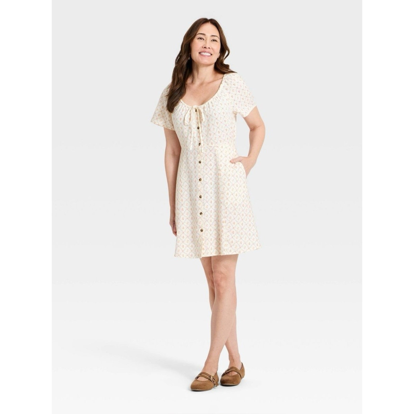 NWT Universal Thread Short Sleeve Button-Front Mini Sundress Cream Floral Sz M