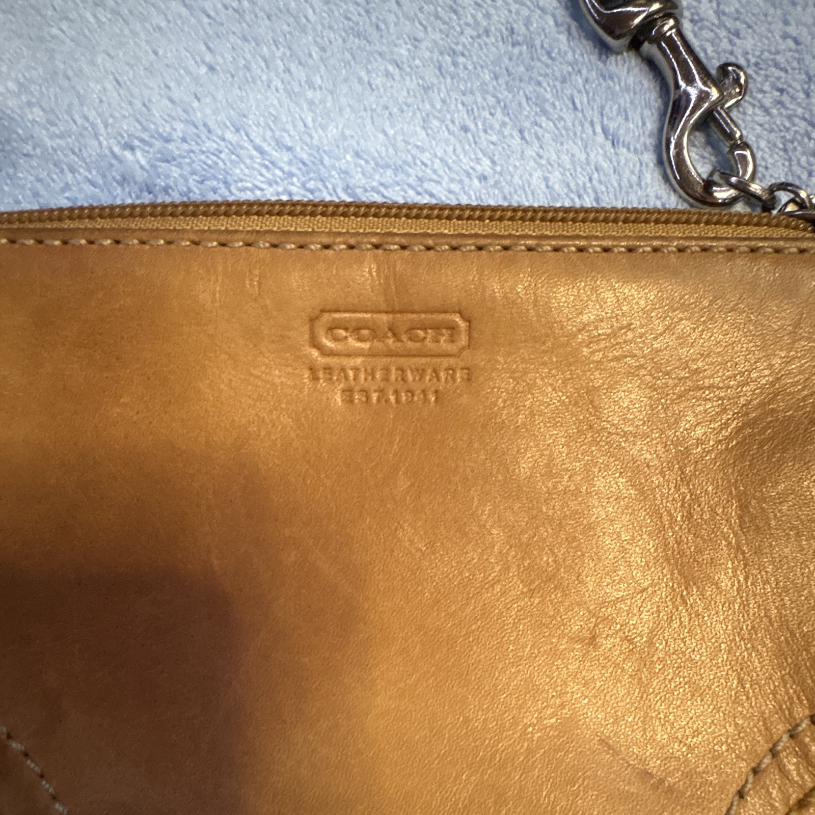 Coach Women’s Solid Tan Zip Wristlet Pouch w/ Brown Wrist Strap Silver HW