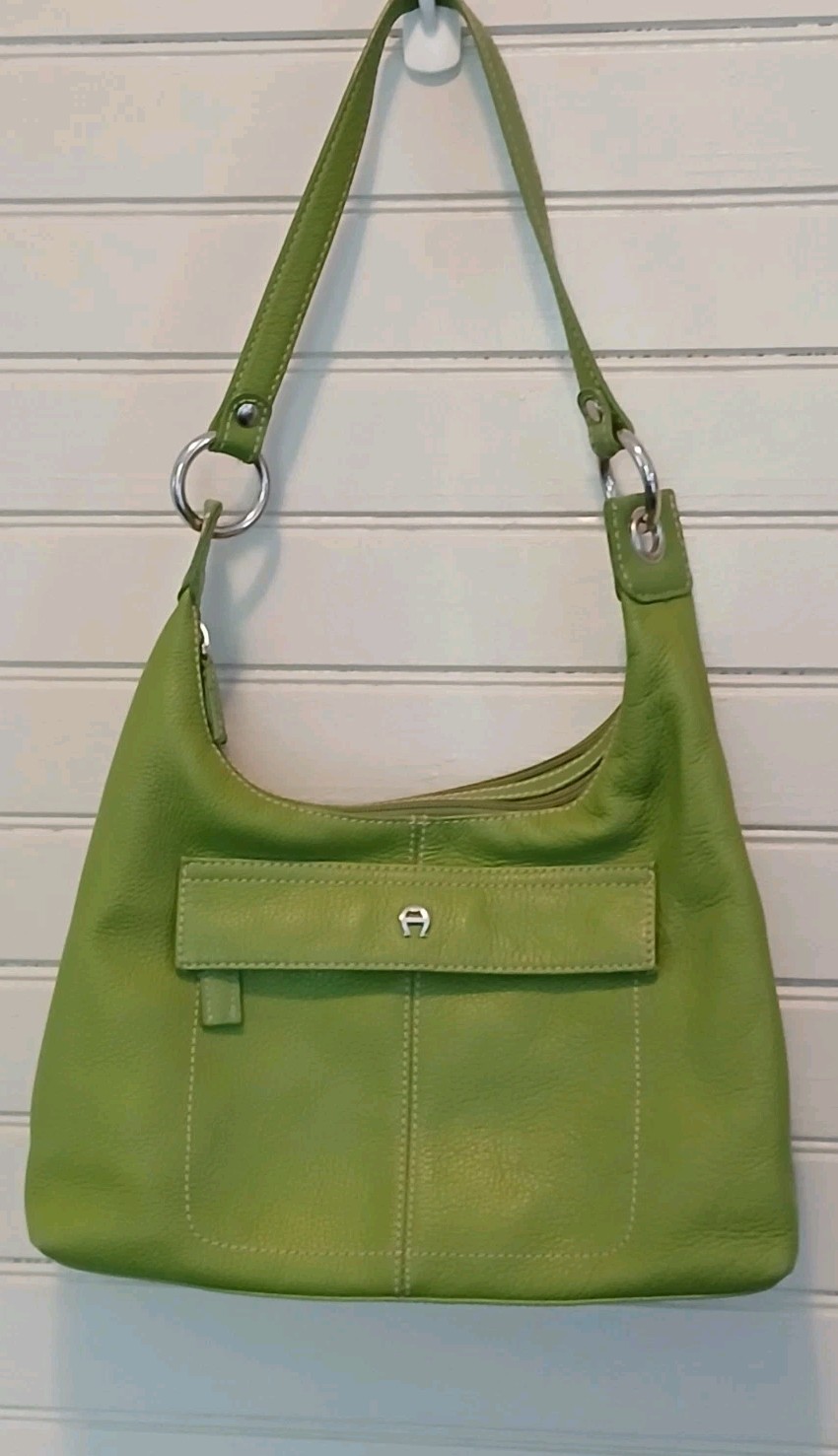 Etienne Aigner Apple Green Hobo Shoulder Bag Double Zipper Leather
