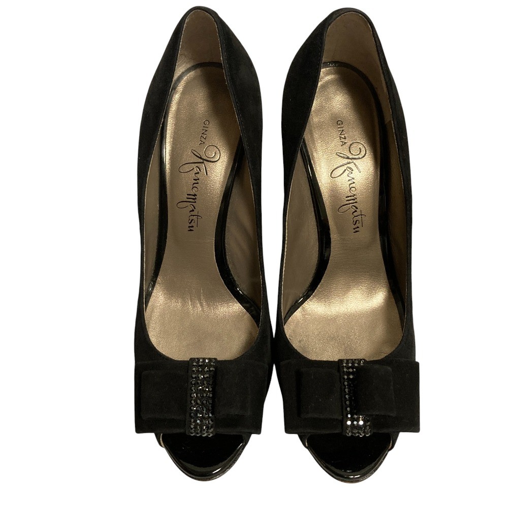 Ginza Kanematsu Suede Ribbon Open-Toe Pumps, Size 9.3, Black Women USED