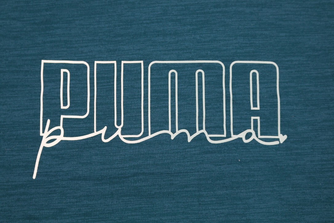 PUMA Womens Short Sleeve Logo Tee Lightweight Blue S Spell Out Logo Crew Neck