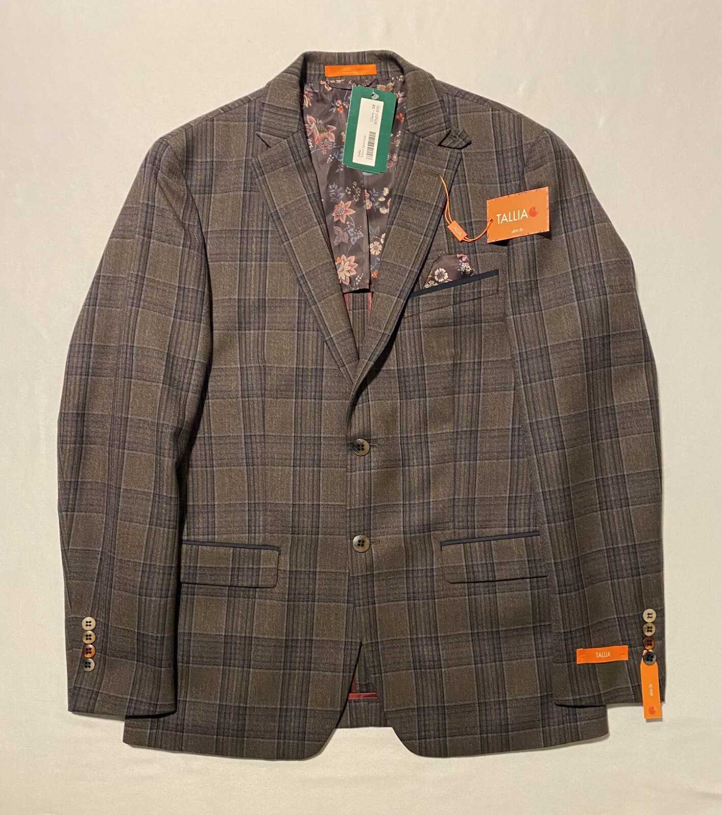 NWT Tallia Vocca Slim Halflined Plaid Men’s Sportcoat Jacket 100% Wool Size 38R