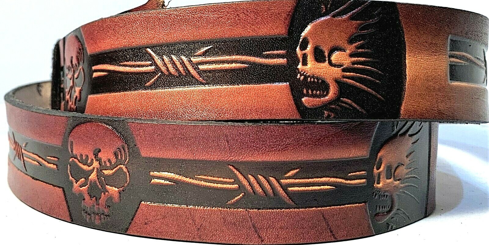 SKULL & BARB WIRE EMBOSSED MOTORCYCLE COWHIDE LEATHER BELT SIZE 26-48 USA MADE