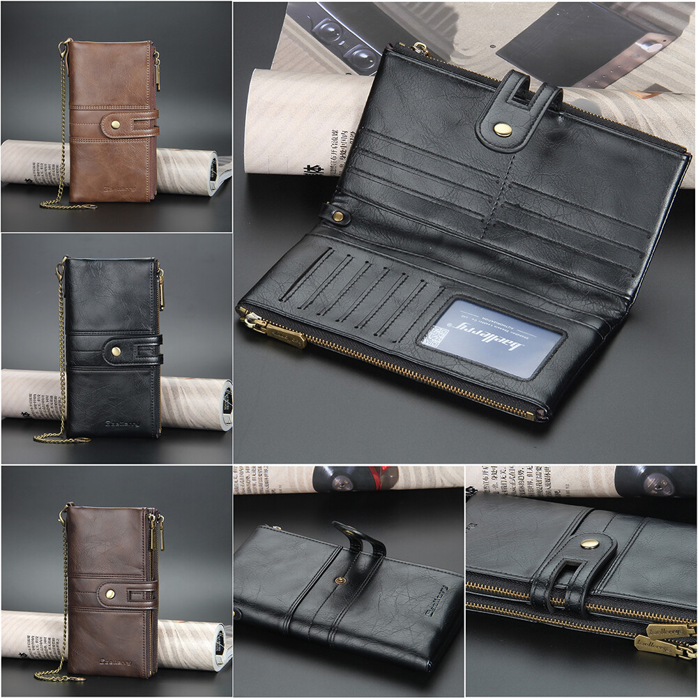 US RFID Blocking Mens Wallet with Anti-Theft Chain Double Zip Purse Card Holders