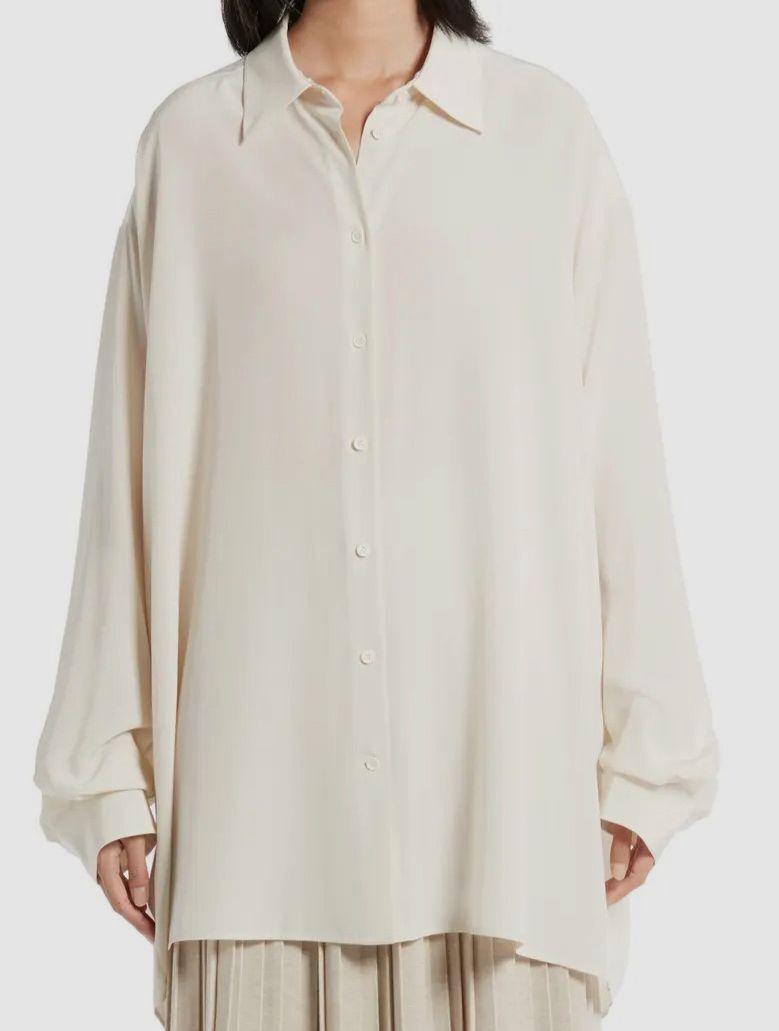$1490 The Row Women’s Beige Oversized Silk Bishop Sleeve Button-up Top Size S