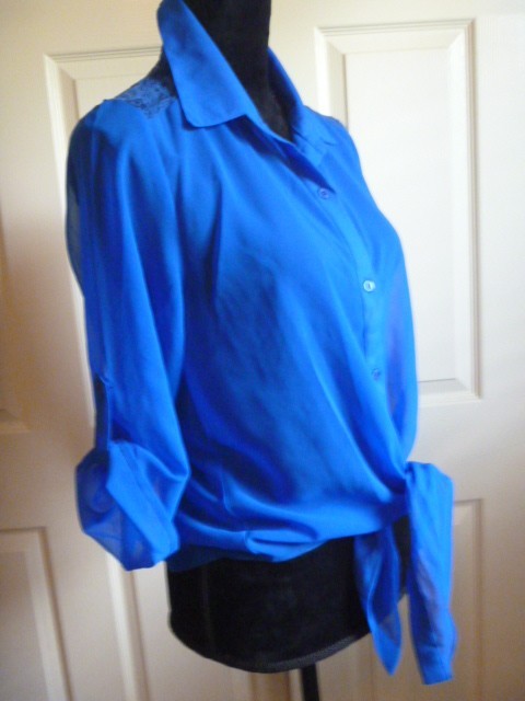 WET SEAL Royal Blue L Polyester Lace Yoke Buttons Tab Up Sleeves Casual Work