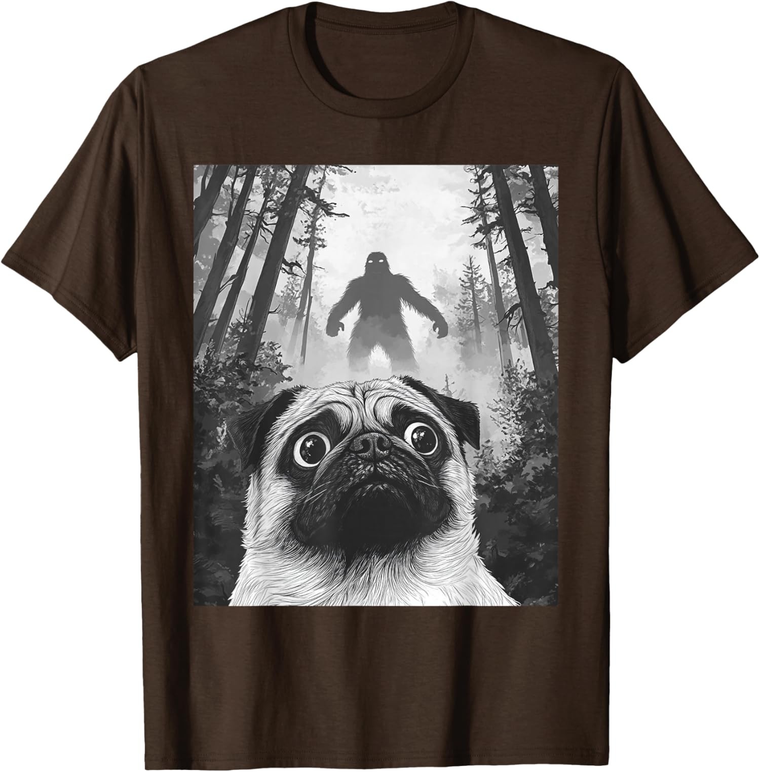 Dog Pug Selfie With Bigfoot Sasquatch Funny Pug T-Shirt