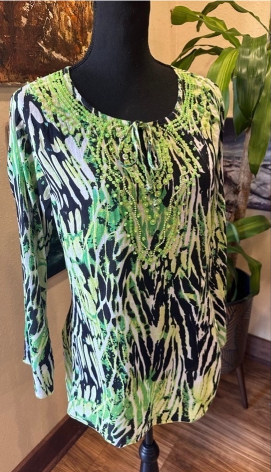 Jasmine Cotton Tunics Blouse M Green Animal Print Beaded Neckline Bell Sleeve