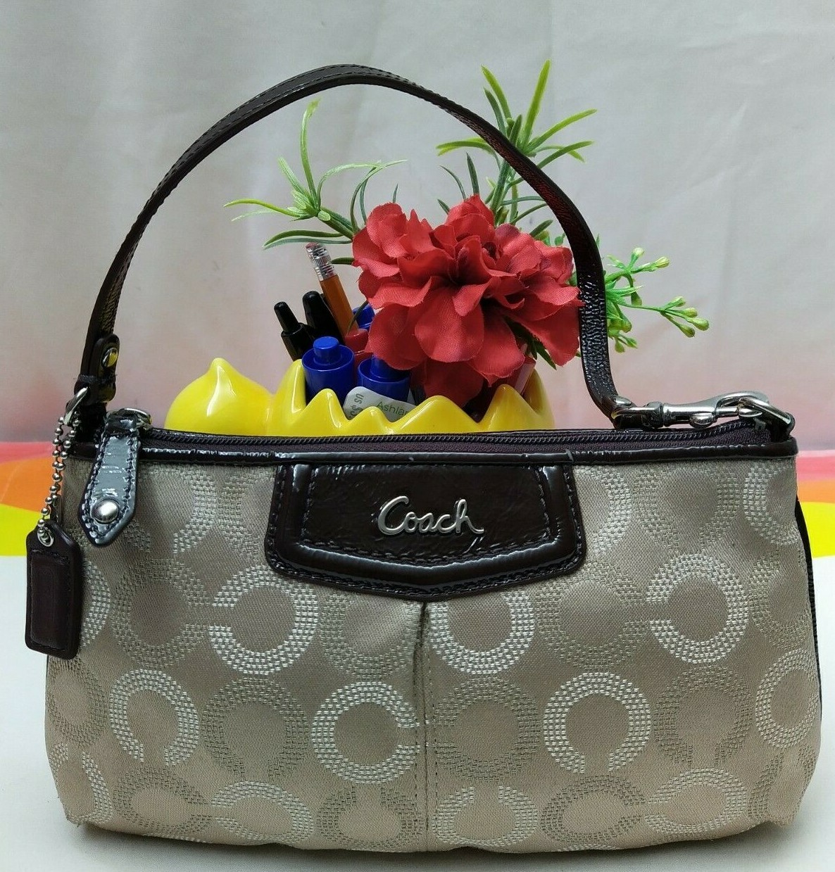 Coach Madison Gray Signature Canvas Credit Card Wallet Large Wristlet Clutch