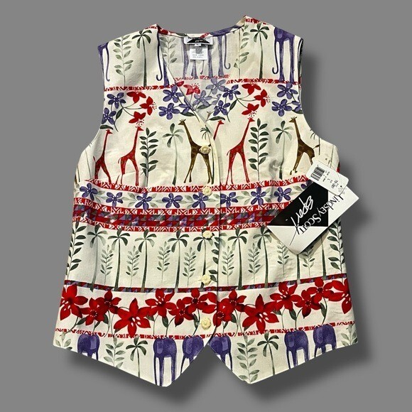 Vintage Lindsey Scott Vest Giraffe & Flower Print Button Up Artsy Boho Large