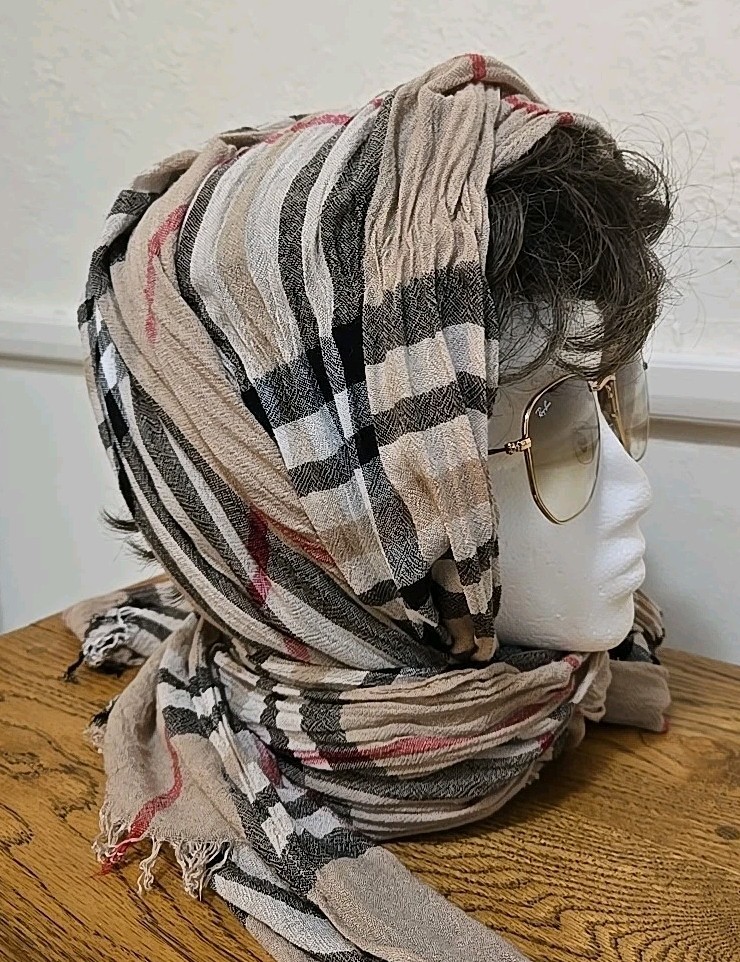 Scarf Wrap V Fraas NEUTRAL Plaid Fringe Edges Lightweight 100% Viscose