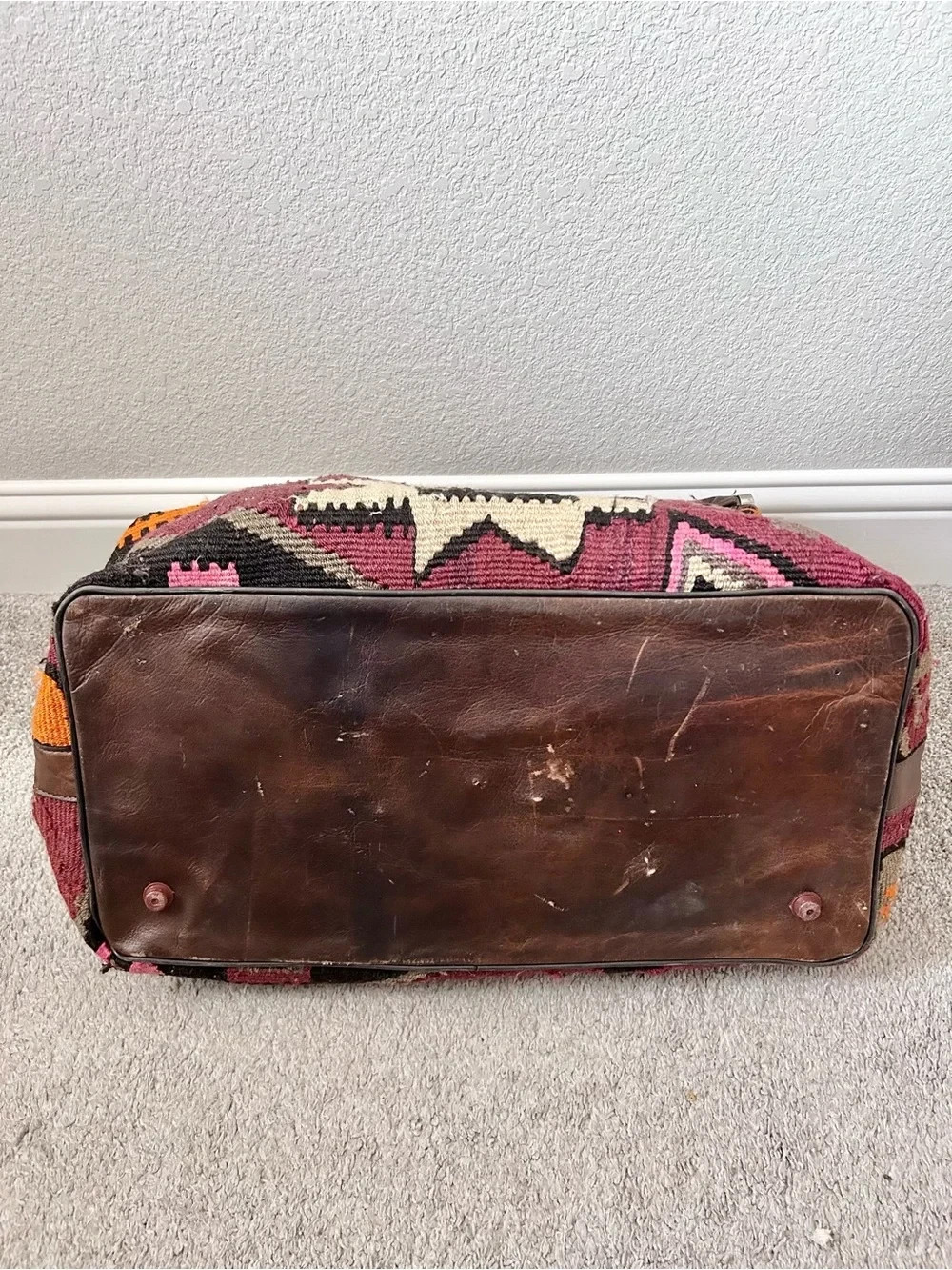 Turkish Anatolian Rug Bag with Leather Details Handmade Vintage Aztec Travel