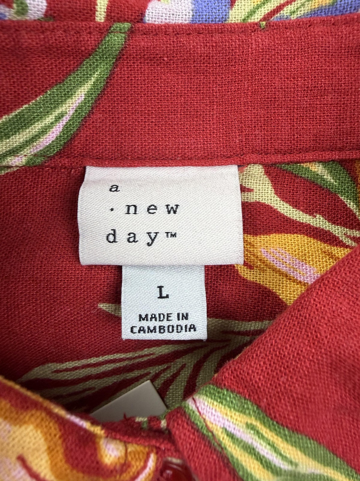 A New Day Blouse Womens Large Red Floral Button Front Collared Linen Tropical