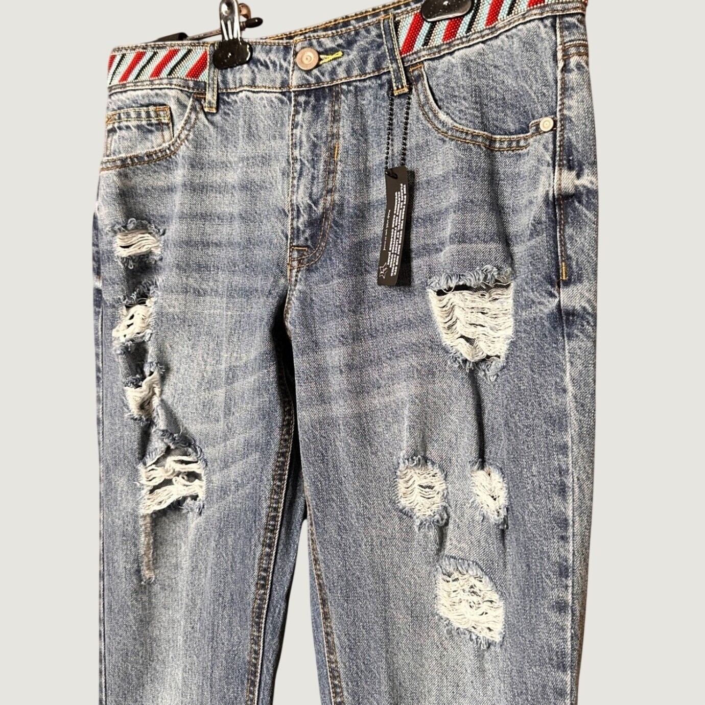 Alloy Apparel Distressed Jeans Beaded Waistband Size 11×37 Straight Skinny Leg