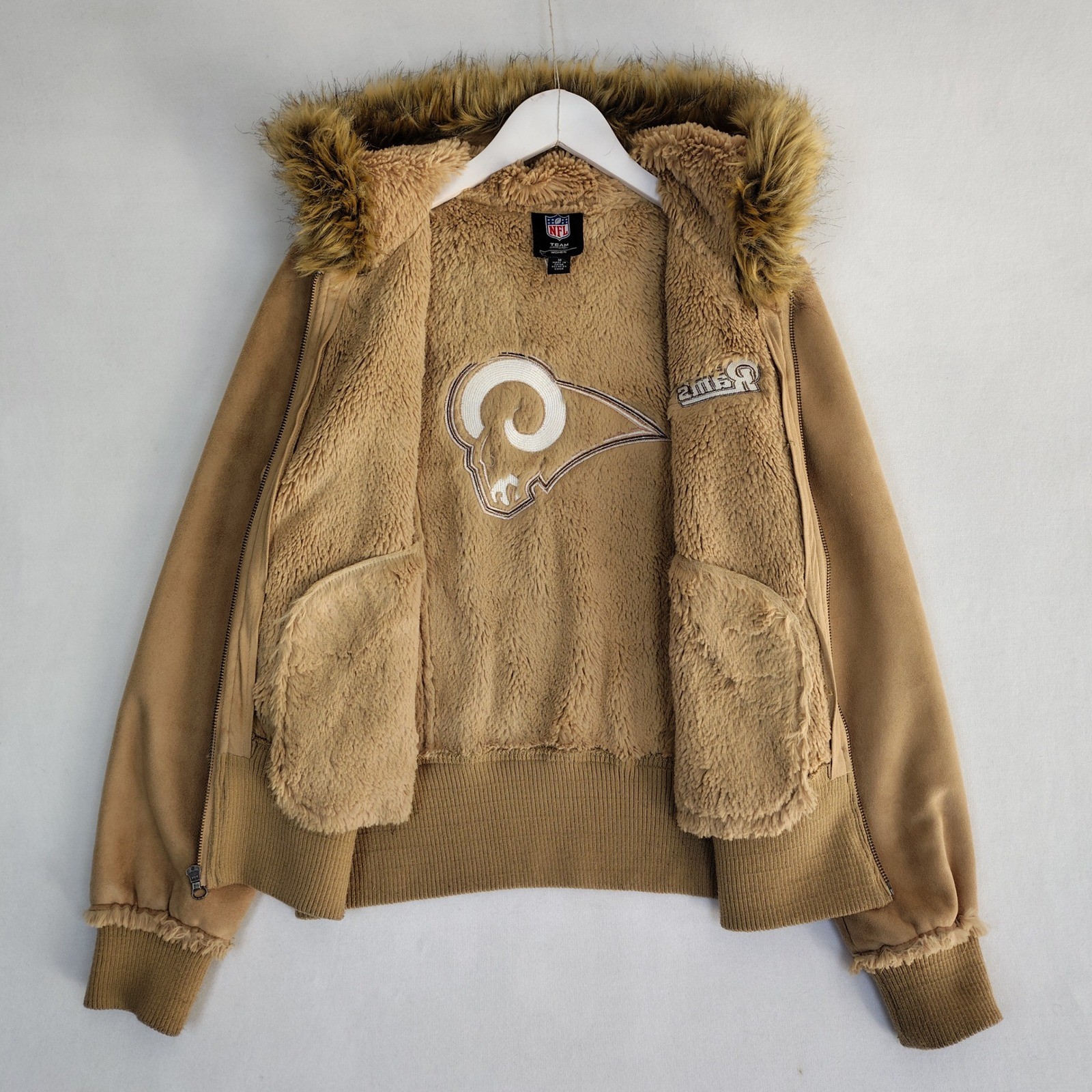 NFL St. Louis Rams Faux Suede Shearling Hooded Jacket Tan Women M