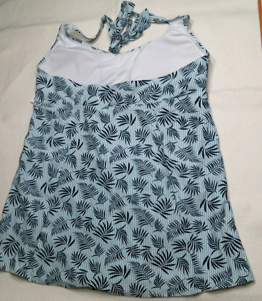 Basic Editions 1-Piece Halter Swimdress, Teal/White-Navy Palms, Reg Sizes, NWT