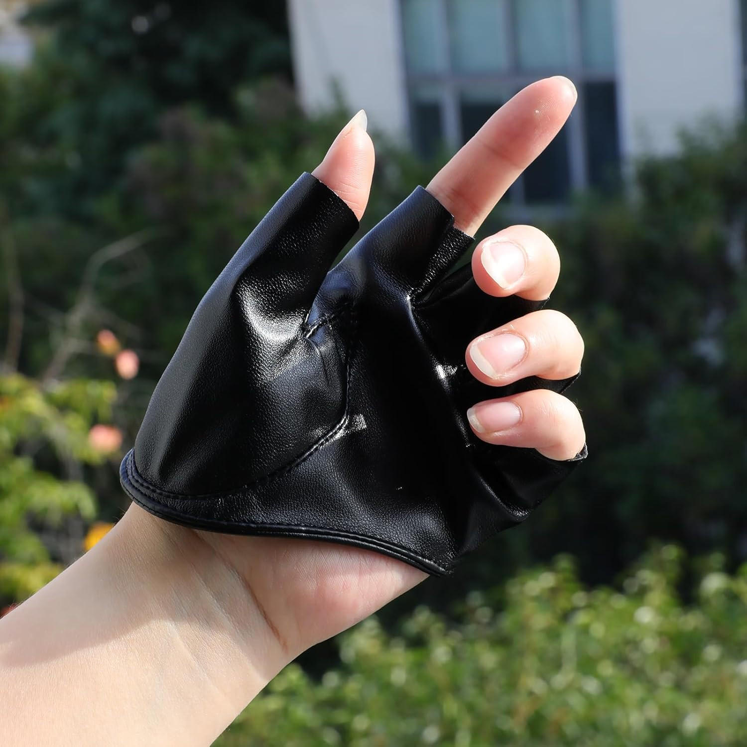 Black Leather Fingerless Gloves Half Palm Half Finger PU Leather Gloves for Wome