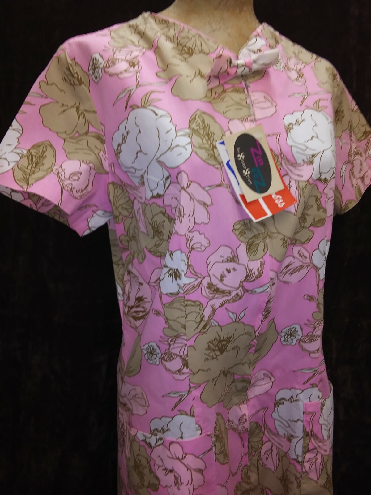 1960’s Pink Tan White Zip Front Cotton Rayon House Dress Shaker Square NWT ML
