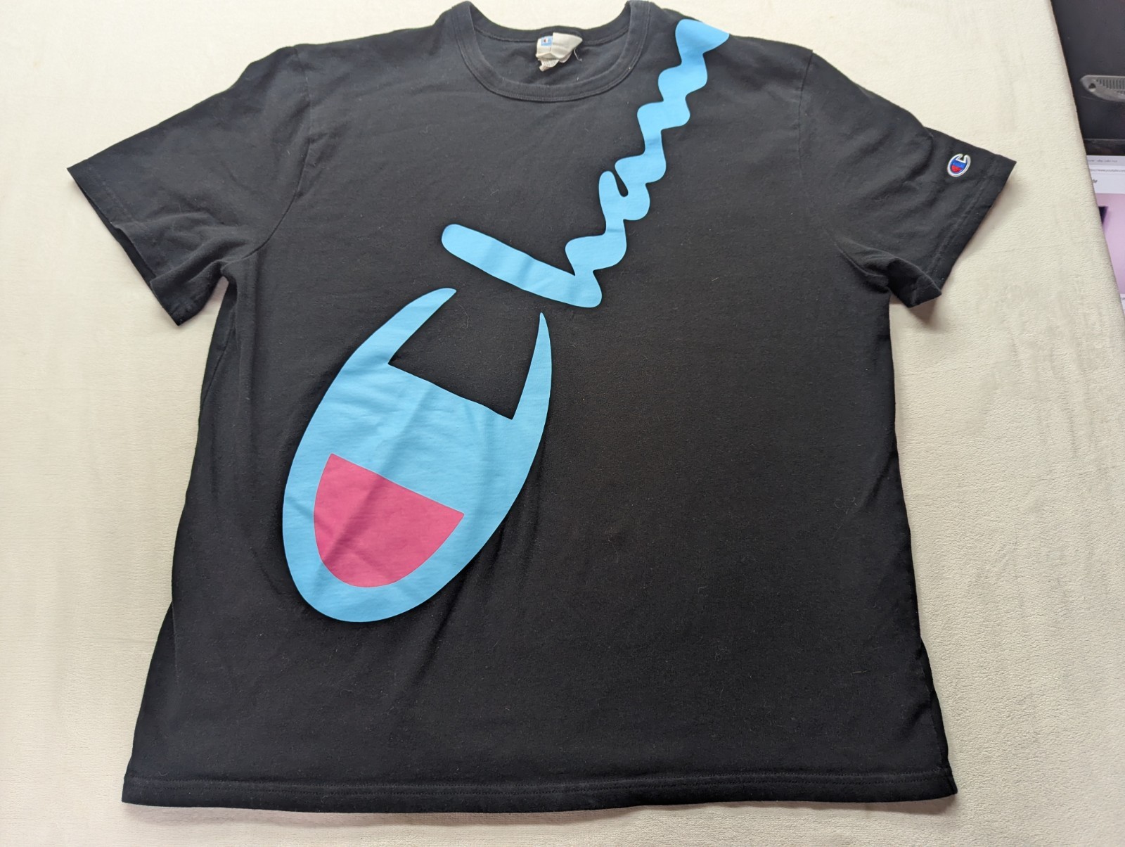 Champion Shirt Mens XL Black Blue Pink Diagonal Script Big Logo T-Shirt