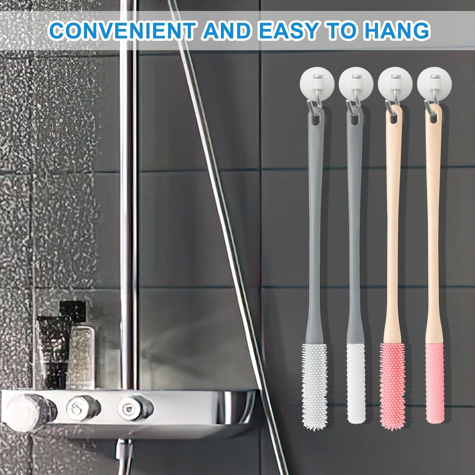 4 Pack Toe Cleaning Brush, 15.7” Long Handled Silicone Foot Grey+pink